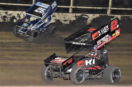 Cory Eliason and Kerry Madsen battle for the lead at Huset's Sunday (Rob Kocak Photo)