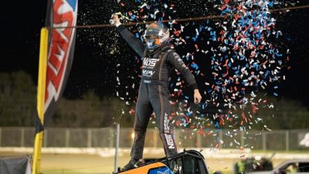 In three USAC AMSOIL Sprint Car National Championship starts at Ocala Speedway this week, Justin Grant (Ione, Calif.) has won all three after his latest victory on Thursday night. (Dave Olson Photo) (Video Highlights from FloRacing.com)