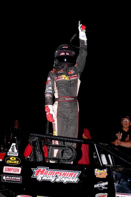 Kody Swanson celebrates after scoring his record-setting 24th career USAC Silver Crown win Saturday night at Indiana's Salem Speedway in the 59th running of the "Joe James/Pat O'Connor Memorial." (Rich Forman Photo)