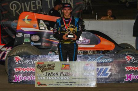 Jason McDougal won his first career USAC feature Saturday at Pevely (Rich Forman Photo)