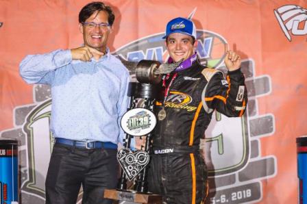 BC39 winner Brady Bacon (right) poses with Indianapolis Motor Speedway President Doug Boles in victory lane following his victory Thursday night.  (Rich Forman Photo)