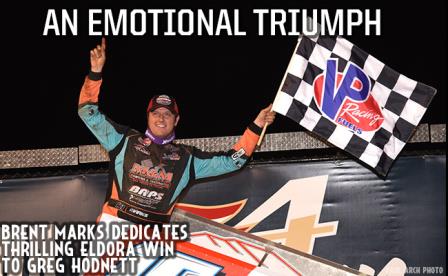 Brent Marks won an emotional victory at Eldora Friday (Paul Arch Photo)