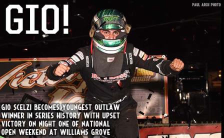 Gio Scelzi became the youngest winner in World of Outlaws history with his win Friday at the Williams Grove Open (Paul Arch Photo)