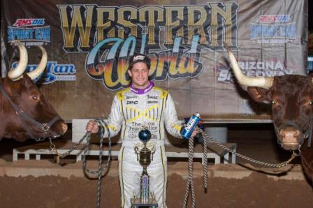 Justin Grant poses with a pair of bulls after winning Friday's "Western World Championships" Night 1 USAC AMSOIL National/CRA Sprint Car feature at Arizona Speedway.  (Adam Mollenkopf Photo)