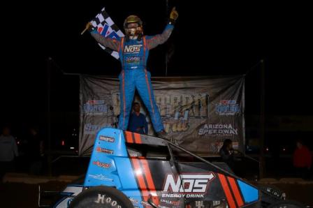 Tyler Courtney became the 7th driver in the history of the USAC AMSOIL National Sprint Car series to win at least 11 races in a year Saturday night in the "Western World" finale at Arizona Speedway.  (Rich Forman Photo)