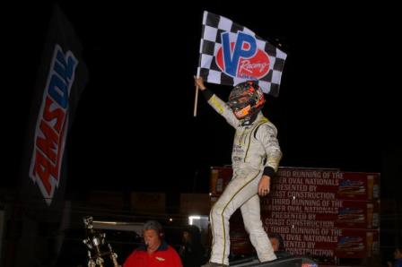 Justin Grant's 12th career USAC AMSOIL National Sprint Car victory tied him with Eric Gordon for 44th on the all-time win list. (Rich Forman Photo)