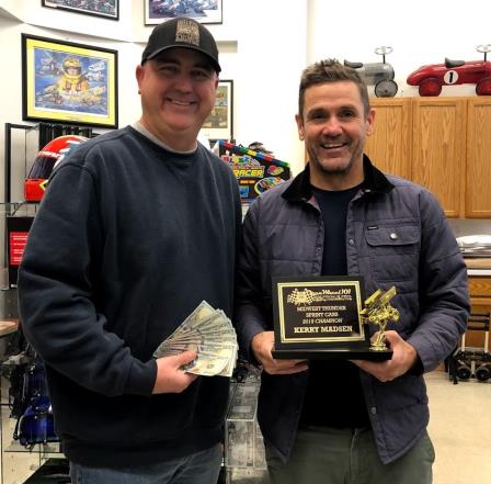 Kerry Madsen accepts his trophy and cash for winning the 2018 Midwest Thunder Sprints presented by OpenWheel101.com for the second year in a row