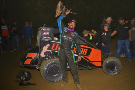 Thomas Meseraull celebrates Saturday night's victory in the "Junior Knepper 55" at the Southern Illinois Center in Du Quoin. (Rich Forman Photo)