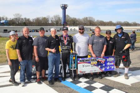 Kody Swanson and the Nolen Racing crew celebrate their USAC Silver Crown season-opening victory Saturday at Memphis (Tenn.) International Raceway. (Rich Forman Photo)