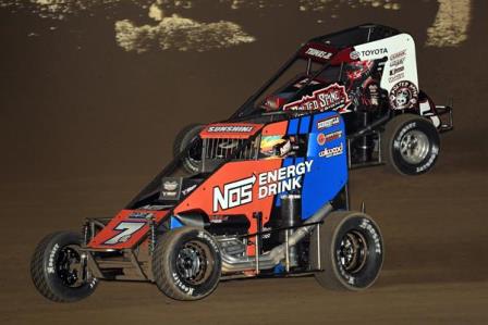 #7BC Tyler Courtney passes Kevin Thomas, Jr. en route to Friday's "Kokomo Grand Prix" opening night win at Kokomo Speedway. (David Nearpass Photo)