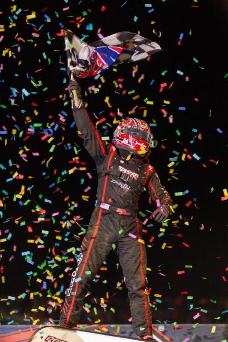 Cullman, Alabama's Kevin Thomas, Jr. celebrates his fifth career USAC NOS Energy Drink National Midget victory and the first for Petry Motorsports following Saturday night's "Kokomo Grand Prix" at Kokomo Speedway. (Adam Mollenkopf Photo)