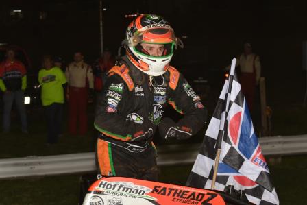 Brady Bacon celebrates Friday's "Larry Rice Classic" victory at Bloomington (Ind.) Speedway (David Nearpass/USAC Photo)