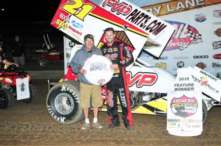 Brian in Victory Lane at Lucas Oil Speedway with Jack Hockett (Rob Kocak Photo)