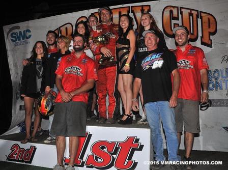 The Country Builders Construction #88 team celebrates in Victory Lane Saturday at Tulare (M&M Racing Photos)