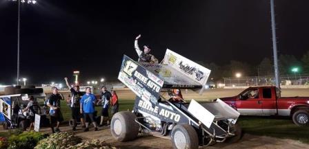 Bill Balog celebrates his win on Sunday at 141 Speedway (IRA Photo)