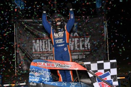 Justin Grant celebrated his first career "Indiana Midget Week" win Wednesday at Gas City, which was also his fourth career USAC NOS Energy Drink National Midget feature victory. (David Nearpass Photo) (Highlight Video from FloRacing.com)