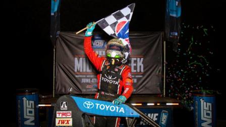 Tanner Thorson celebrates Thursday night's "Indiana Midget Week" victory at Lincoln Park Speedway. (Rich Forman Photo) (Video Highlights from FloRacing.com)