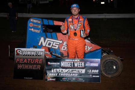 Tyler Courtney's third career "Indiana Midget Week" victory Friday at Bloomington was also the 10th USAC NOS Energy Drink National Midget win of his career, tying him for 68th on the all-time list with Allen Heath, Doug Kalitta, Brad Kuhn, Steve Lotshaw, Jerry McClung & Chuck Weyant. (Rich Forman Photo) (Highlight Video from FloRacing.com)