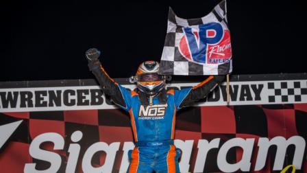 Chris Windom celebrates his long-awaited first career USAC NOS Energy Drink National Midget win Saturday at Lawrenceburg Speedway. (Dallas Breeze Photo) (Video Highlights from FloRacing.com)