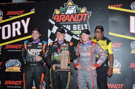 Brady Bacon won the Corn Belt Natonals Opener Friday at Knoxville ahead of Chris Windom (L) and Kevin Thomas Jr. (R) (Video Highlight from DirtVision.com)