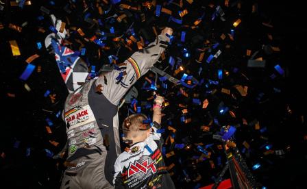 David Gravel celebrates his win with Jaxx Johnson at Hartford Speedway Friday (Dave Biro - DB3 Imaging) (Video Highlight from DirtVision.com)