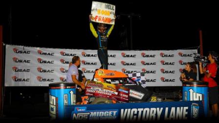 Jason McDougal celebrates his first career USAC NOS Energy Drink National Midget win Friday night at Jefferson County Speedway. (Rich Forman Photo) (Video Highlight from FloRacing.com)