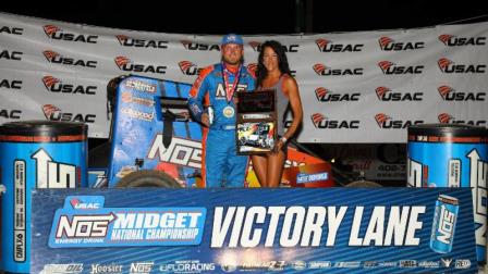 Tyler Courtney in victory lane after winning Saturday night's Midwest Midget Championship at Jefferson County Speedway. (Rich Forman Photo) (Video Highlight from FloRacing.com)