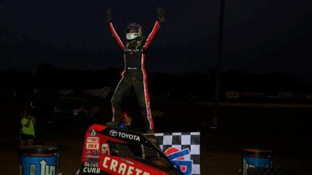 Tanner Carrick (Lincoln, Calif.) celebrates his first career USAC NOS Energy Drink National Midget victory Sunday night at Missouri's Sweet Springs Motorsports Complex. (Rich Forman Photo) (Highlight Video from FloRacing.com)