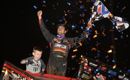 David Gravel celebrates with Jaxx Johnson after winning Tuesday's Don Martin Memorial Silver Cup at Lernerville (Dave Biro - DB3 Imaging) (Video Highlight from DirtVision.com)