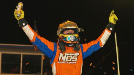 Tyler Courtney celebrates Wednesday's NOS Energy Drink Indiana Sprint Week victory at the Terre Haute Action Track. (Chad Warner Photo) (Video Highlight from FloRacing.com)