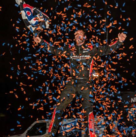 Kyle Cummins on the curb Thursday night at Lincoln Park Speedway where he'd win his third career NOS Energy Drink Indiana Sprint Week feature. (David Nearpass Photo) (Video Highlight from FloRacing.com)