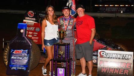 Kevin Thomas, Jr. celebrates Friday night's NOS Energy Drink Indiana Sprint Week victory at Bloomington Speedway. (David Nearpass Photo) (Video from FloRacing.com)