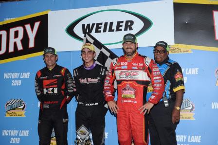 Gio Scelzi won Saturday's All Star feature at Knoxville ahead of Kerry Madsen (L) and Brian Brown (R) (Ken Berry Racing Pix) (Video Highlight from SpeedShiftTV.com)