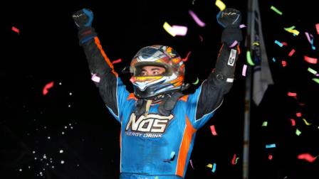 Chris Windom celebrates victory in Tuesday night's Pennsylvania Midget Week opener at Grandview Speedway. (Michael Fry Photo) (Video Highlight from FloRacing.com)