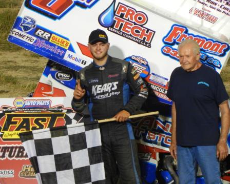 TJ Michael celebrates his win with Rick Ferkel at Waynesfield