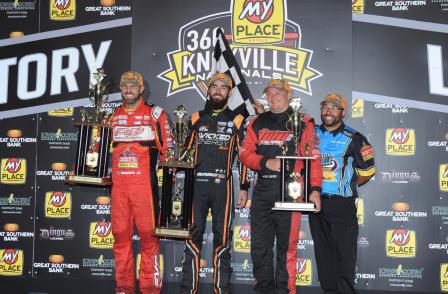 James McFadden won the 360 Nationals Saturday over Brian Brown (L) and Wayne Johnson (R) (Ken Berry Racing Pix) (Video Highlight from DirtVision.com)