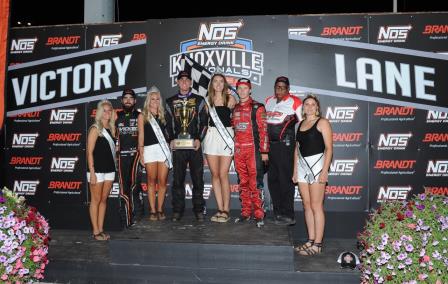 Trey Starks won Night #1 of the Knoxville Nationals over James McFadden (L) and Sheldon Haudenschild (R) (Ken Berry Racing Pix) (Video Highlight from DirtVision.com)