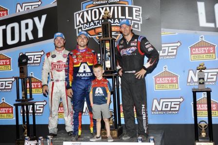 David Gravel celebrates his Knoxville Nationals win with Jaxx Johnson, 2nd place Logan Schuchart (L) and 3rd place Daryn Pittman (R) (Ken Berry Racing Pix) (Video Highlight from DirtVision.com)