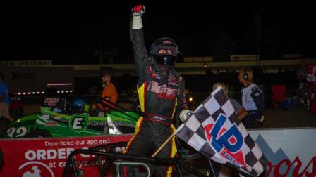 Kody Swanson celebrates his fourth consecutive victory in the Joe James/Pat O'Connor Memorial Saturday night at Salem Speedway. (Dallas Breeze Photo) (Video Highlight from FloRacing.com)