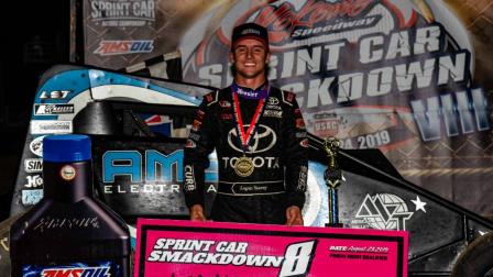Logan Seavey celebrates his first career USAC AMSOIL National Sprint Car feature win following Friday's Sprint Car Smackdown VIII night two at Kokomo (Ryan Sellers Photo) (Video Highlight from FloRacing.com)