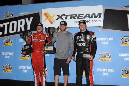 2019 Knoxville champions: Brian Brown (410 champ) with Carson McCarl (360) (r) and Matthew Stelzer (Pro Sprints) (l) (Ken Berry Racing Pix) (Video Highlight from Knoxville Raceway)