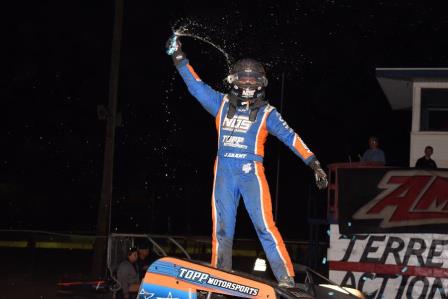 Justin Grant's 16th career USAC AMSOIL National Sprint Car feature victory moved him into a tie with Damion Gardner for 33rd on the all-time win list.  The victory vaulted Grant past Bobby East, Cory Kruseman, Jud Larson and Brian Tyler on the same list. (David Nearpass Photo)