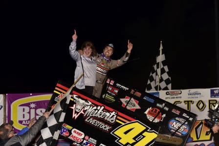 David Gravel celebrates his win at Lake Ozark Speedway's Jason Johnson Classic with Debra Johnson Saturday (Mark Funderburk Racing Photo) (Video Highlights from DirtVision.com)
