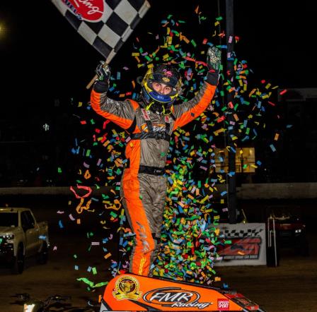 The baton for the lead was passed between Logan Seavey, Thomas, McDougal and Thomas Meseraull officially speaking, six times at the line (26 times unofficially) until McDougal emerged with the lead for good 10 laps from the finish to score his second career series win and the second of the 2019 season (Ryan Sellers Photo) (Video Highlights from FloRacing.com)