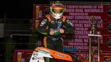 Brady Bacon strikes the Macho Man pose after winning Thursday's Oval National opener at Perris Auto Speedway (Rich Forman Photo) (Video Highlights from FloRacing.com)