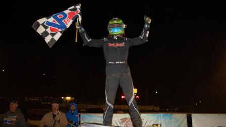 Gio Scelzi celebrates his first career USAC NOS Energy Drink National Midget feature victory Tuesday on night one of the Elk Grove Ford Hangtown 100 at California's Placerville Speedway (DB3 Inc. Photo) (Video Highlights from FloRacing.com)