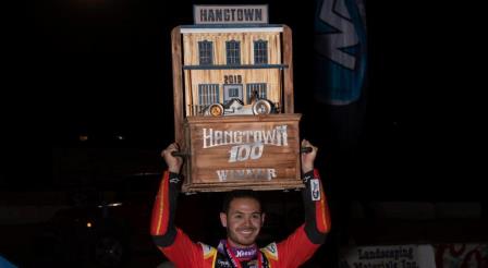 Kyle Larson holds the distinctive Elk Grove Ford Hangtown 100 trophy following his USAC NOS Energy Drink National and Western States Midget victory Wednesday at California's Placerville Speedway (Rich Forman Photo) (Video Highlights from FloRacing.com)