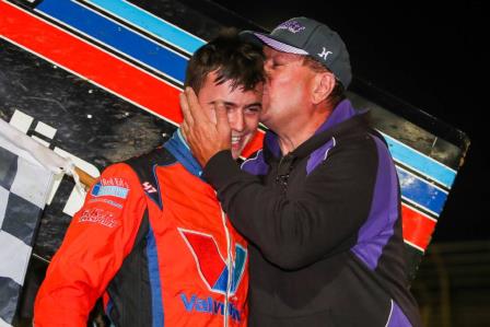 Marcus Dumesny gets a kiss from father Max after winning Night #2 of the Classic (Justine McCullagh-Beasy Photo)