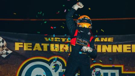 Tanner Thorson celebrates his victory Friday night at Bubba Raceway Park (DB3, Inc. Photo) (Video Highlights from FloRacing.com)