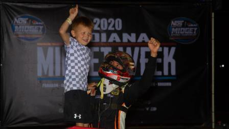 Kyle Larson celebrates with his son, Owen, after winning his third consecutive Indiana Midget Week feature Thursday at Lincoln Park Speedway (Rich Forman Photo) (Video Highlights from FloRacing.com)